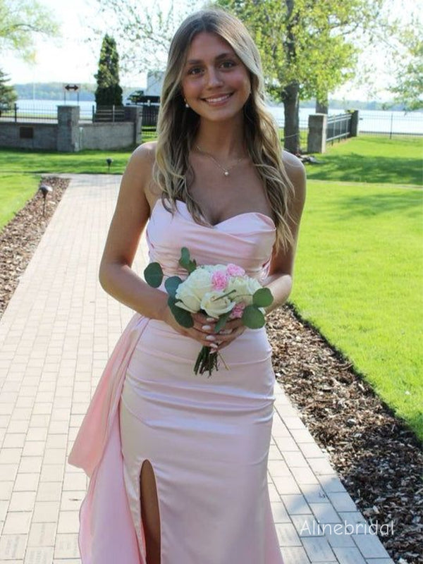 Elegant Side Slit  Strapless Asymmetrical Ruffle Light Pink Long Mermaid Prom Dress,Formal Dress, PD382271