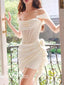 Stunning Off the Shoulder Cowl Neck Corset Top  Pleated Ruffle Ivory Soft Satin Short Homecoming Dress, Mini Skirt, PD382257