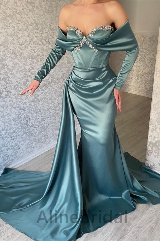 Stunning Green Beading Off the Shoulder Long Sleeves Mermaid Long Prom Dress with Drape, PD3568