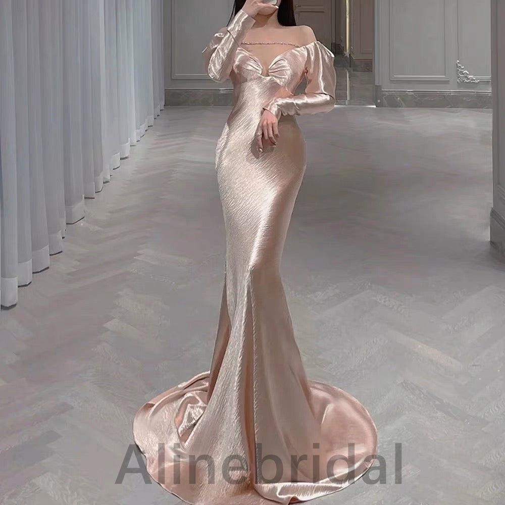 Elegant Nude V-neck Off the Shoulder Mermaid Long Prom Dress, Evening Gown, PD3569