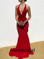 Sexy Red Halter V-neck Sleeveless Mermaid Long Prom Dress, PD3539