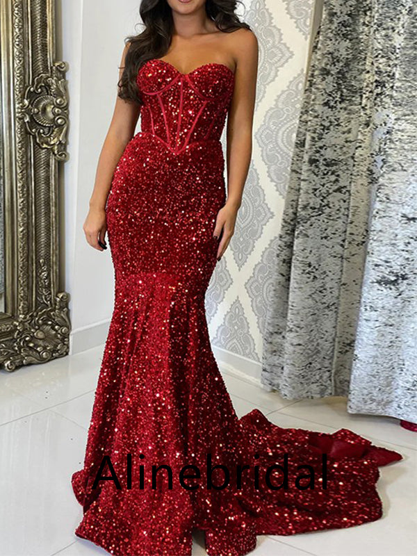 Stunning Red Sequins Strapless Mermaid Long Prom Dress, Evening Gown, PD3544