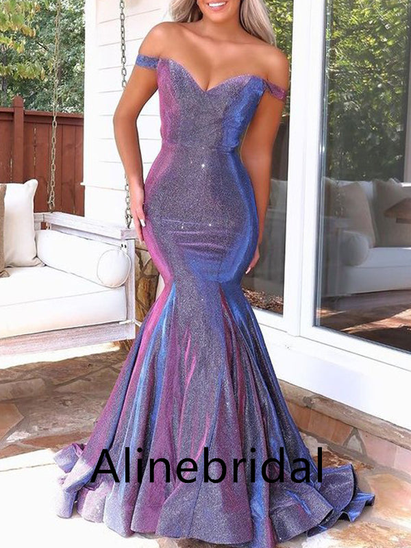Sexy Off the Shoulder Purple Sleeveless Mermaid Long Prom Dress, PD3543