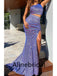 Sexy Purple One shoulder Side Slit Two Piece Mermaid Long Prom Dress, PD3540