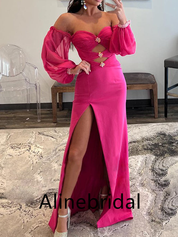 Sexy Pink Off the Shoulder Side Slit Mermaid Long Prom Dress with Long Sleeve, PD3563
