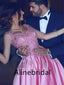Elegant Pink V-neck Lace Applique A-line Long Prom Dress, Evening Gown, PD3560