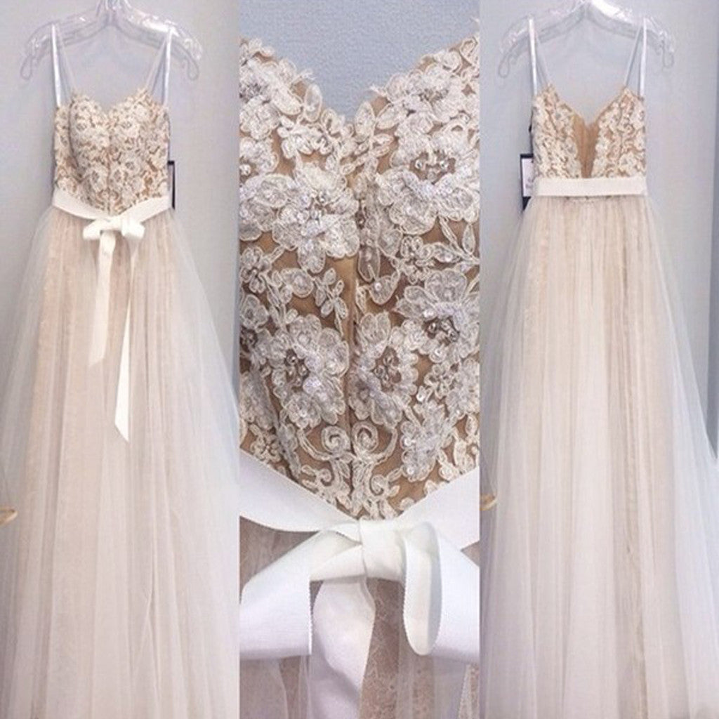 Elegant Spaghetti Straps Appliques Sequins High Waist With A-line Long Prom Dresses. AB1082