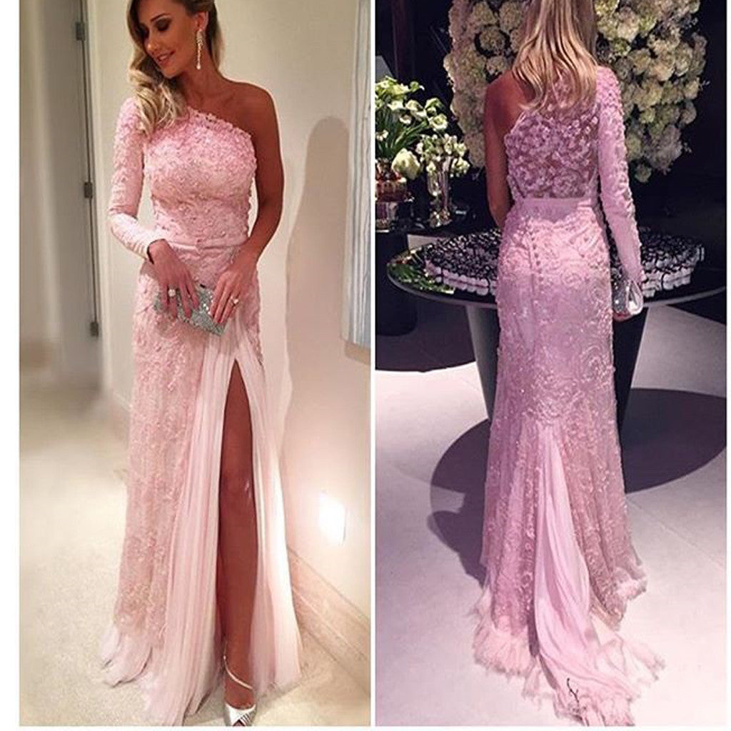 Pink One Shoulder Appliques Long Sleeves Lace Vintage Prom Gown Dresses. AB014