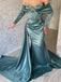 Stunning Green Beading Off the Shoulder Long Sleeves Mermaid Long Prom Dress with Drape, PD3568