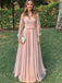 Elegant Pink V-neck Long Prom Dress with Tulle Sleeve, Mother of the Brides Dress, PD0850