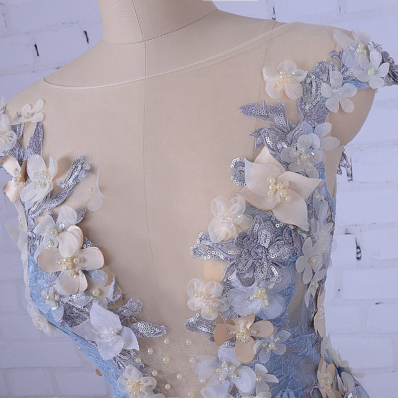 Popular Handmade Flowers V-neck A-line Prom Gown Dresses,PD00046