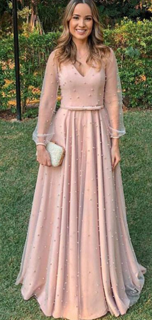 Elegant Pink V-neck Long Prom Dress with Tulle Sleeve, Mother of the Brides Dress, PD0850