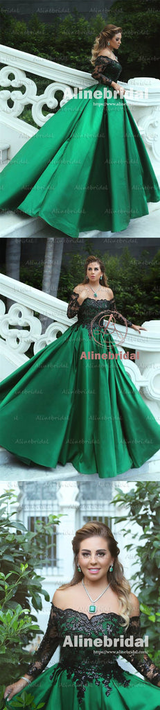 Charming Emerald Off the Shoulder Lace Appliques Satin Ball Gown Prom Gown Dresses, PD00047