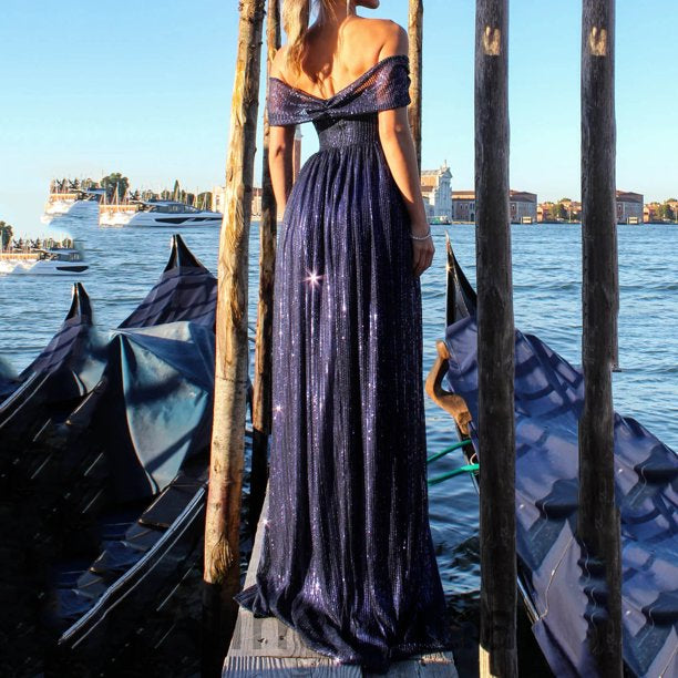 Sexy Blue Off the Soulder Side slit A-line Long Prom Dress, PD3582