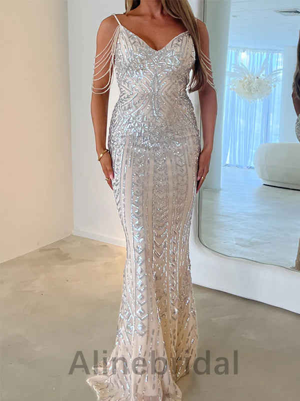 Sexy Silver V-neck Off shoulder Sleeveless Mermaid Long Prom Dress, PD3619