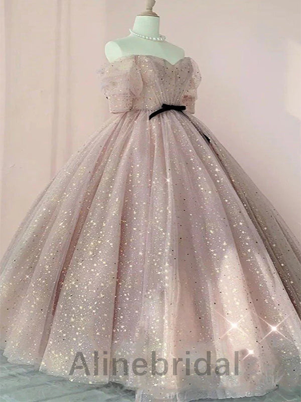 Glamorous Pink Sparkle Off - Shoulder Tulle Ball Gown with Black Bow, PD3620