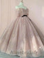 Glamorous Pink Sparkle Off - Shoulder Tulle Ball Gown with Black Bow, PD3620