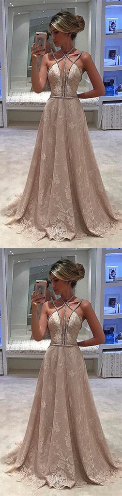 Unique Charming Sexy Beading Spaghetti Strap Halter Full Lace Evening Party Prom Gown Dresses,PD00013