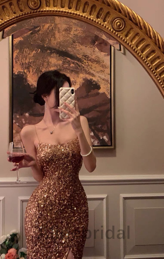 Sexy Gold Sequins Square Sleeveless Side slit Sheath short Prom Dress, PD3583