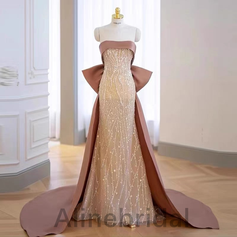 Sparkly Champagne Strapless Sleeveless Sheath Long Prom Dress, PD3574