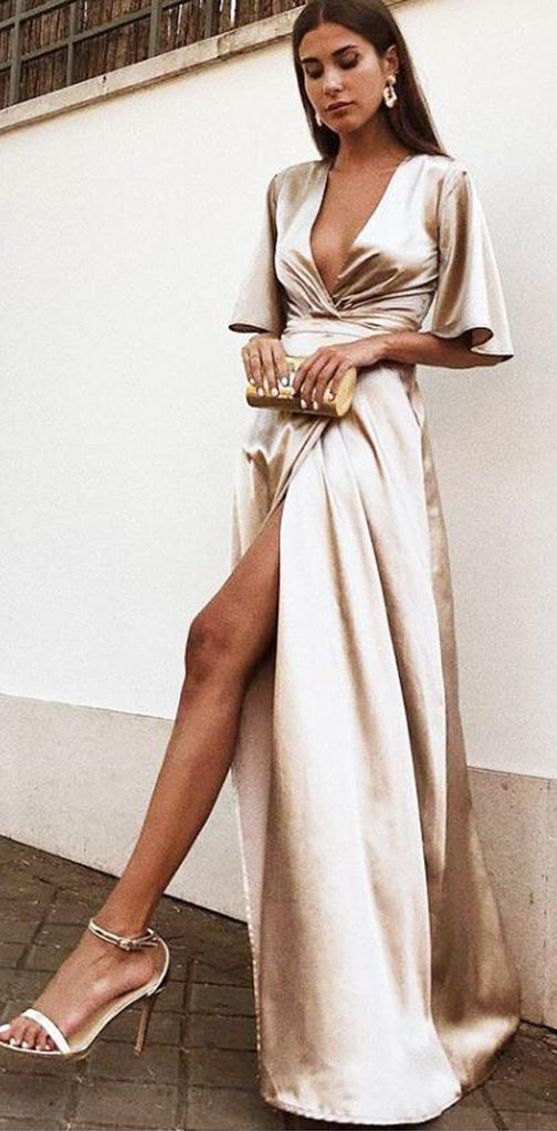 A-Line Deep V-Neck Cheap Modest Satin Evening Prom Dress with Split, PD0909 - SposaBridal