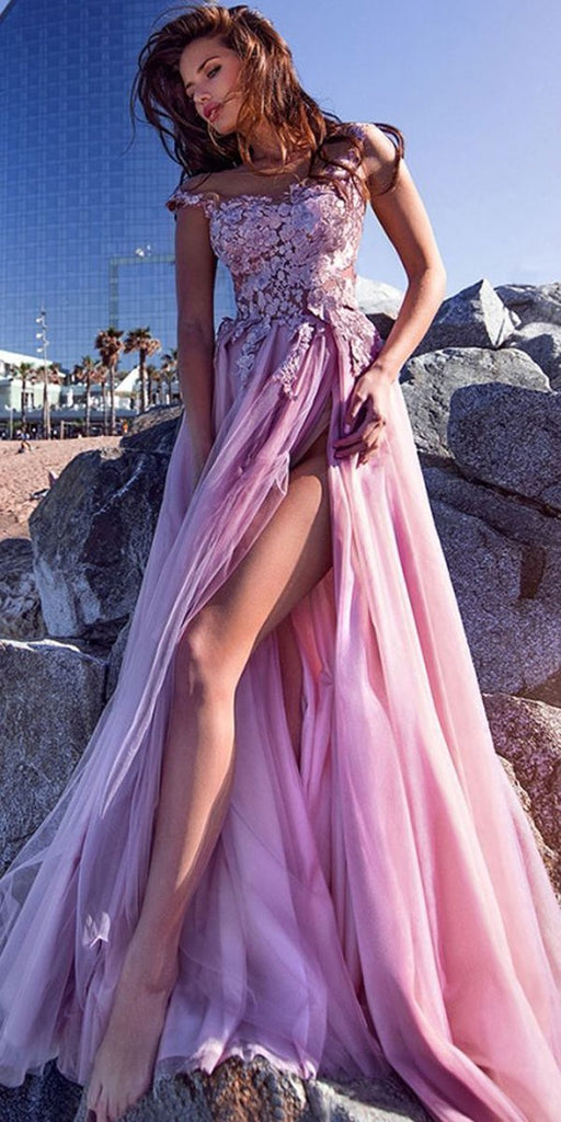 A-line Elegant Tulle Spaghetti Straps Neckline A-line Prom Dresses With Lace Appliques,PD1034 - SposaBridal