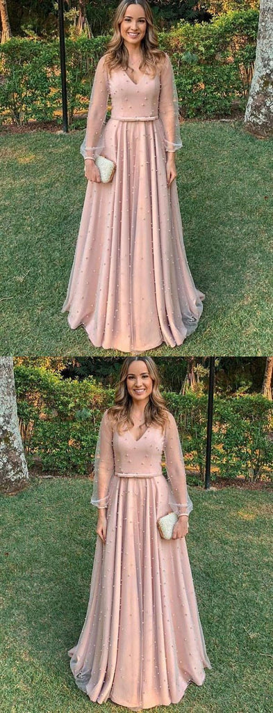 A-line Elegant V-NECK Long Sleeves Pink  Long Prom Dresses with belt PD0850 - SposaBridal