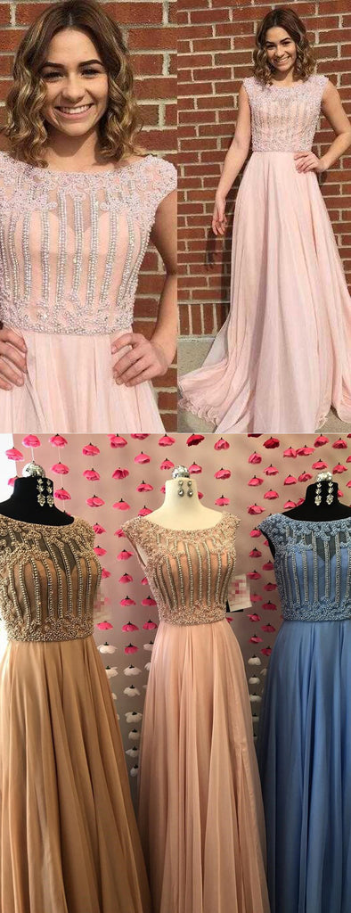 Beading Scoop Neck Cap Sleeves Chiffon A-line  Prom Dresses ,PD00131