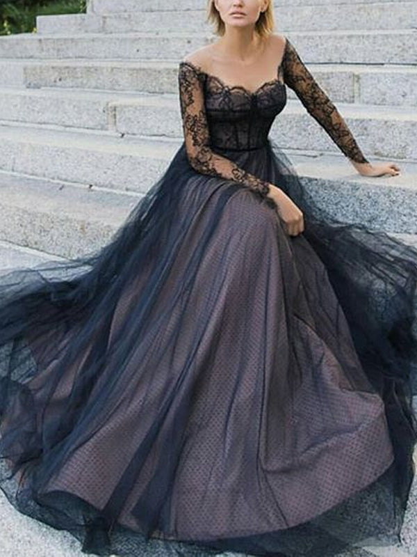 Black Lace Long Sleeve Off Shoulder Lace Up Back Prom Dresses.PD00230