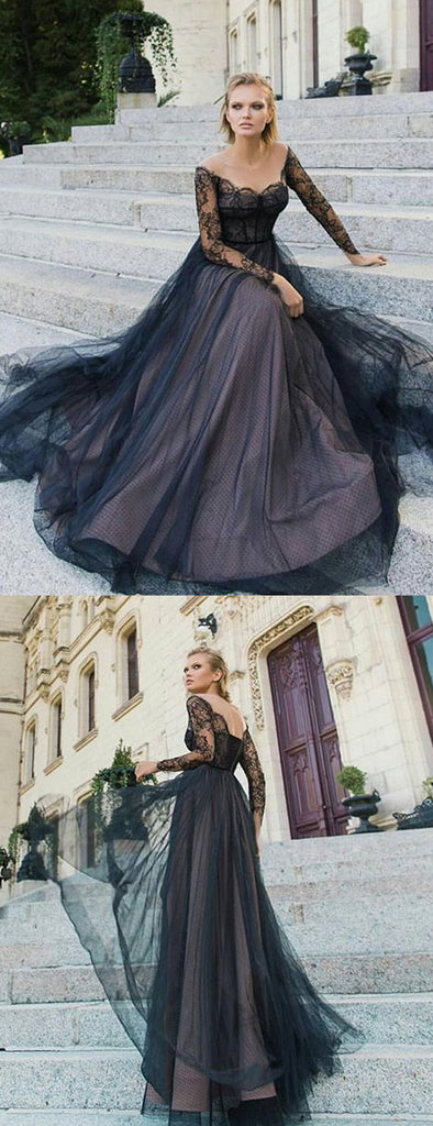 Black Lace Long Sleeve Off Shoulder Lace Up Back Prom Dresses.PD00230