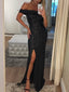 Black Sequin Off Shoulder Sheath With Slit Long Prom Dresses,PD00340