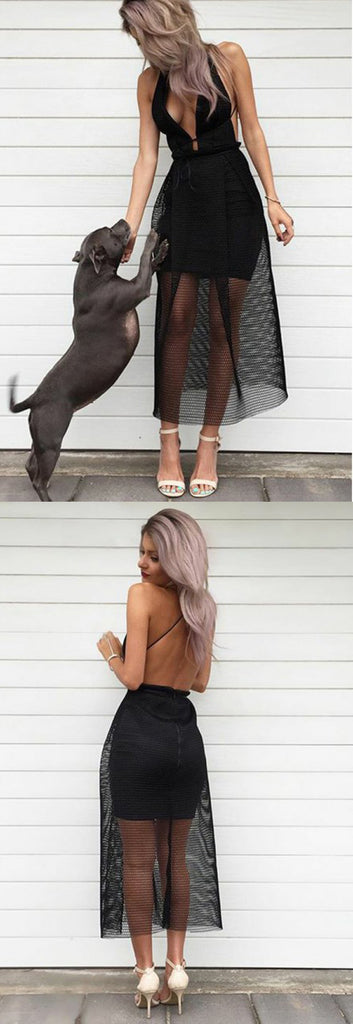 Black Tulle Sheath Backless Sexy See Through Prom Dresses,PD00115