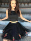 Black Two Piece Tulle Embroidery Sleeveless Homecoming Dresses,HD0034