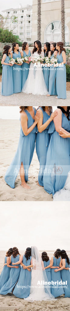 Blue Chiffon V-neck Simple Beach Wedding Bridesmaid Dresses With Splits, AB1226
