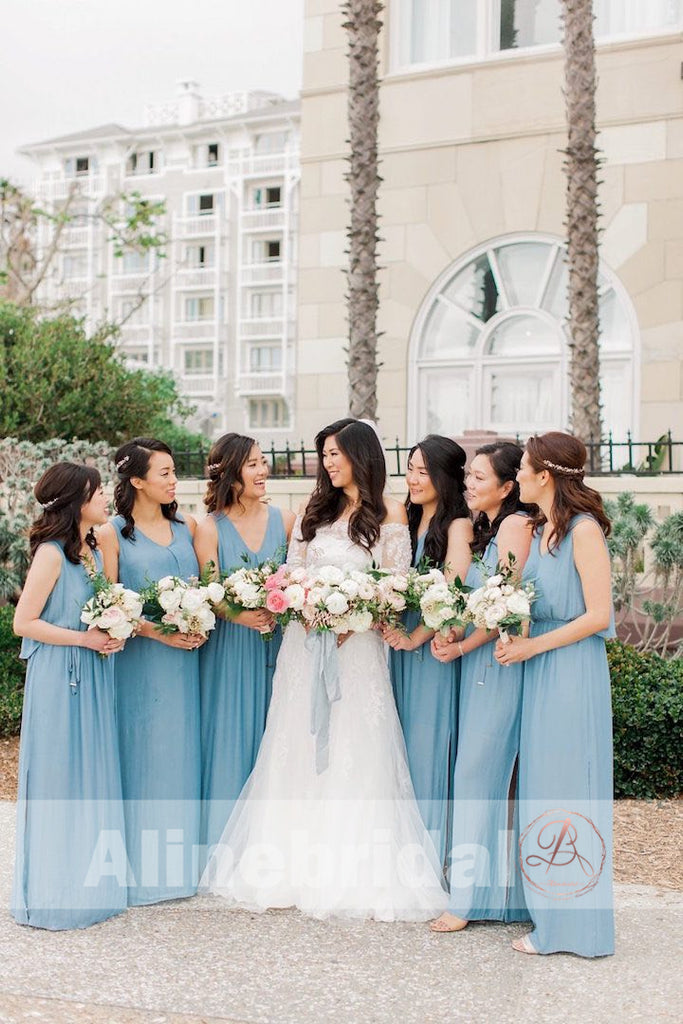 Blue Chiffon V-neck Simple Beach Wedding Bridesmaid Dresses With Splits, AB1226