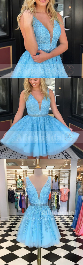 Blue Lace Beaded Sleeveless Fashion Homecoming Dresses,HD0014