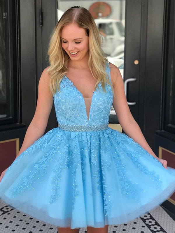 Blue Lace Beaded Sleeveless Fashion Homecoming Dresses,HD0014