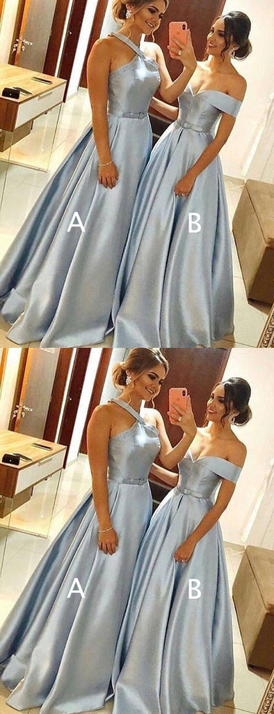Blue Satin Mismatched A-line Halter Off Shoulder Prom Dresses For Teens.PD00277