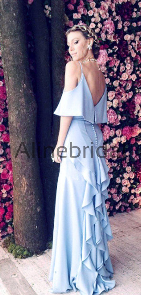 Blue Spaghetti Strap V-back Ruffles Bridesmaid Dresses, AB4091