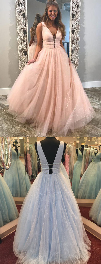 Blue Tulle Sequin Beading Sparkly Ball Gown Prom Dresses ,PD00135