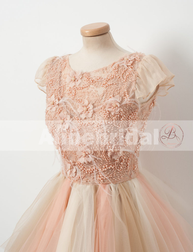 Blush Pink Beaded Handmade Flowers Cap Sleeve Unique Ruffles Homecoming Dresses,BD00227