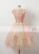 Blush Pink Beaded Handmade Flowers Cap Sleeve Unique Ruffles Homecoming Dresses,BD00227