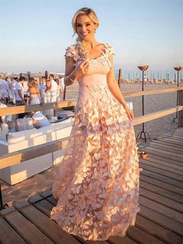 Blush Pink Butterfly Applique Cap Sleeve Prom Dresses.PD00235