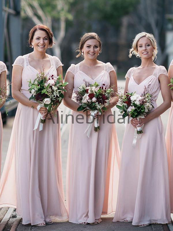 Blush Pink Chiffon Lace Cap Sleeve A-line Long Bridesmaid Dresses, AB4107