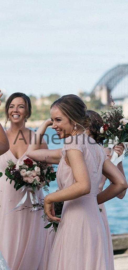 Blush Pink Chiffon Lace Cap Sleeve A-line Long Bridesmaid Dresses, AB4107