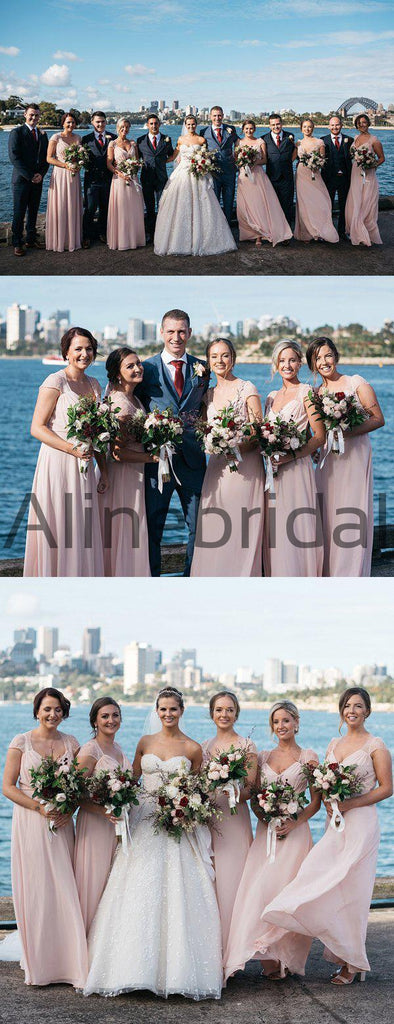 Blush Pink Chiffon Lace Cap Sleeve A-line Long Bridesmaid Dresses, AB4107