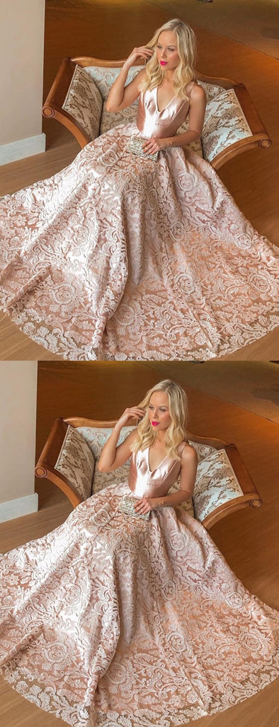 Blush Pink Satin Lace Sleeveless V-neck Prom Dresses.PD00259