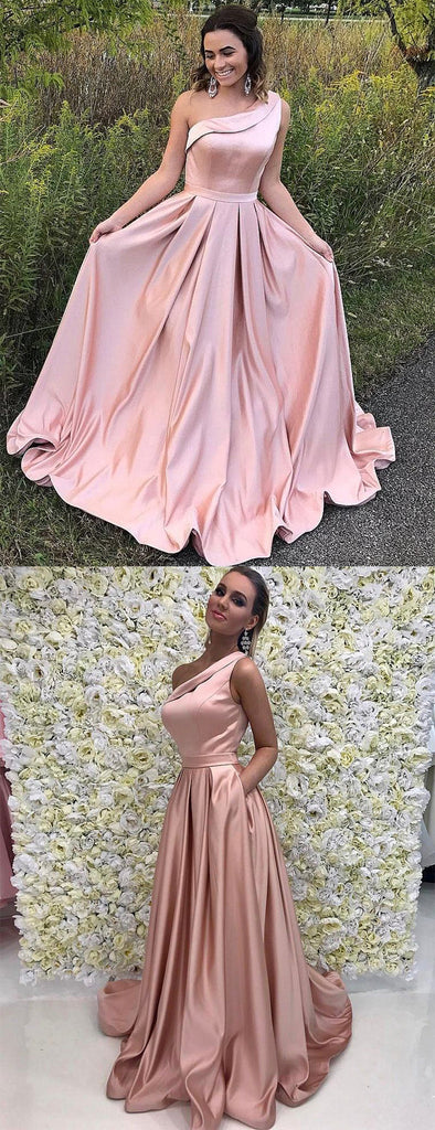 Blush Pink Satin One Shoulder Simple Prom Dresses,PD00161