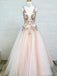 Blush Pink Tulle Applique V-neck Sleeveless Prom Dresses For Teens .PD00238