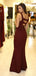 Burgundy Jersey Mermaid Open Back Sleeveless Long Prom Dresses .PD00271